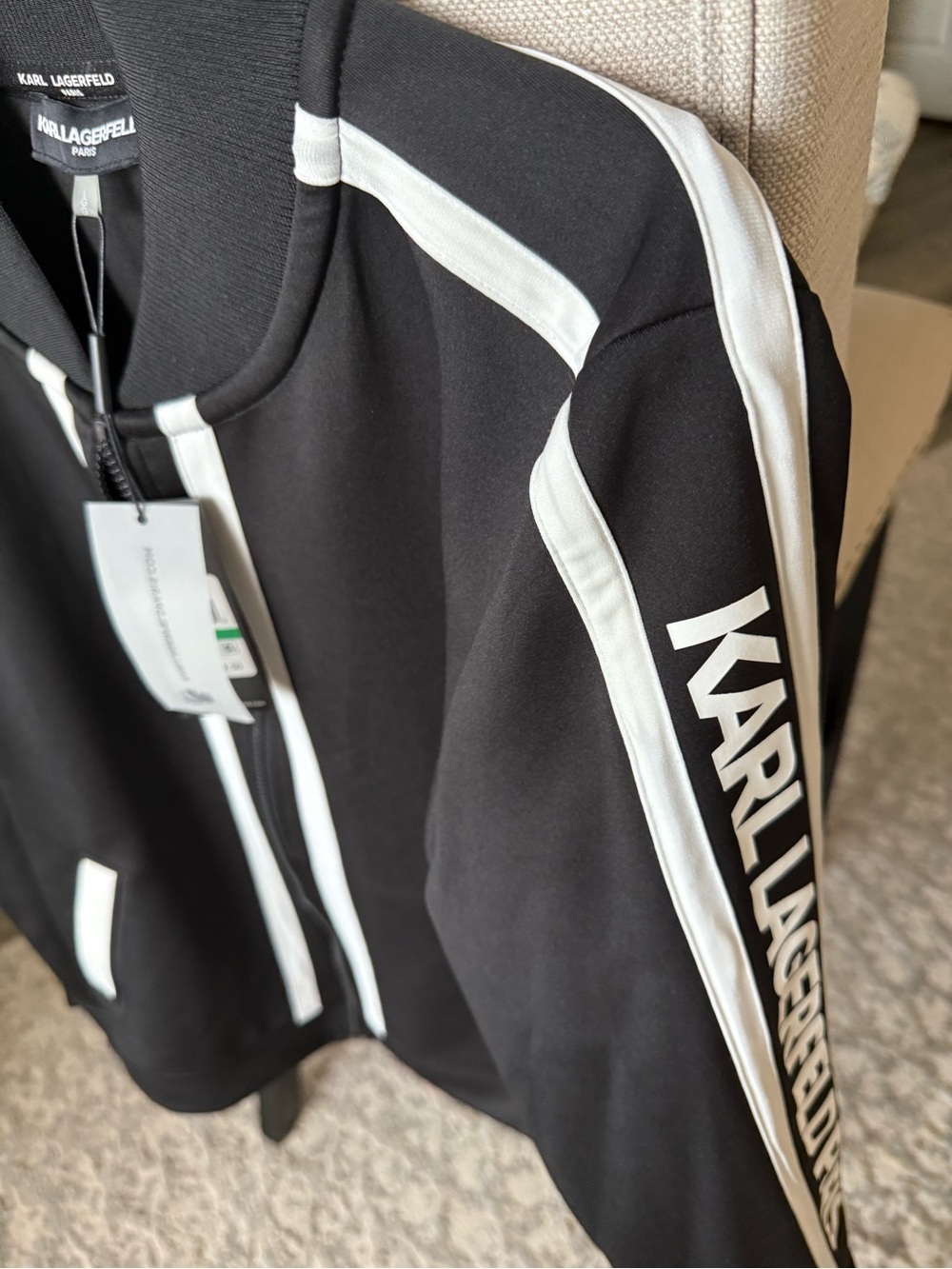 NWT Karl Lagerfeld Paris Logo Block Letter Track Jacket Large Black Bomber - Picture 4 of 10
